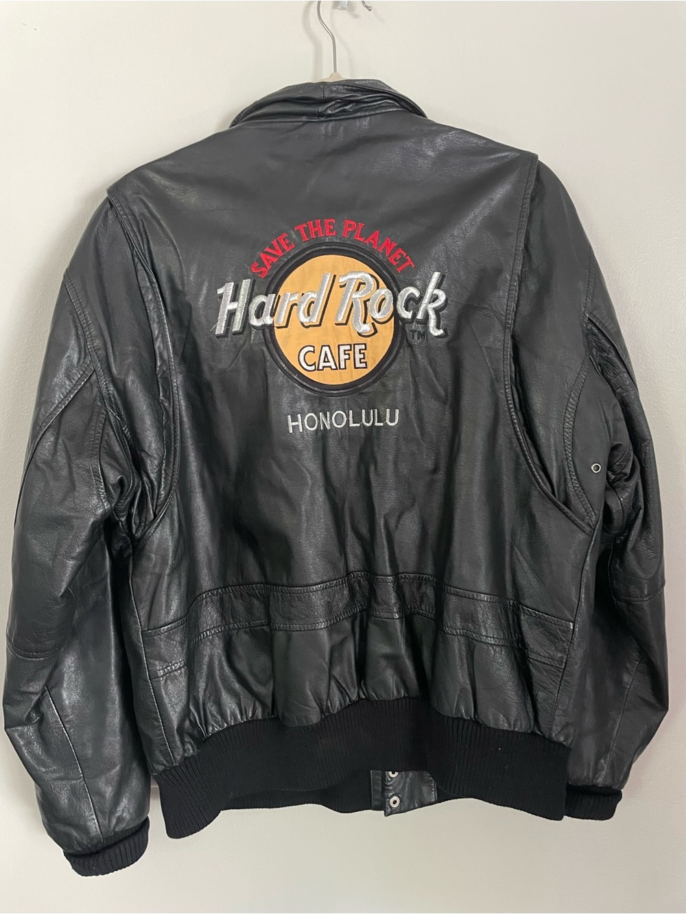 Vtg 90s Hard Rock Cafe Honolulu Leather Bomber Jacker Black Map Lining Men's L